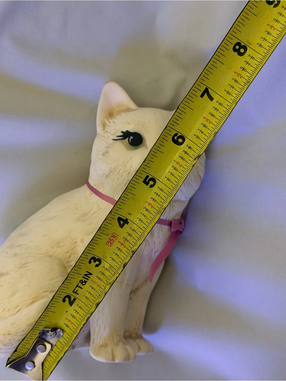 Vintage White Cat Figurine Pink Ribbon Big Eyes Cottagecore Kitty Decor
